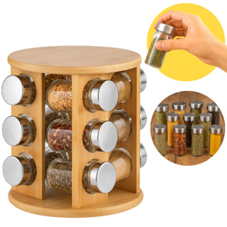 Porta Temperos Giratório em Bambu com 9 Potes de Vidro – Organizador de Cozinha em Oferta na Shopee