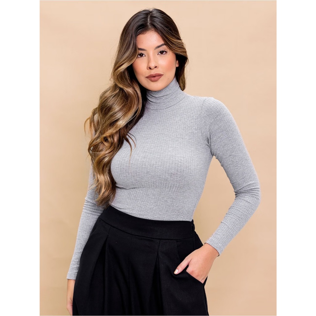Blusa Feminina Canelada Manga Longa E Gola Alta Premium de Viscose Cacharrel Inverno Frio
