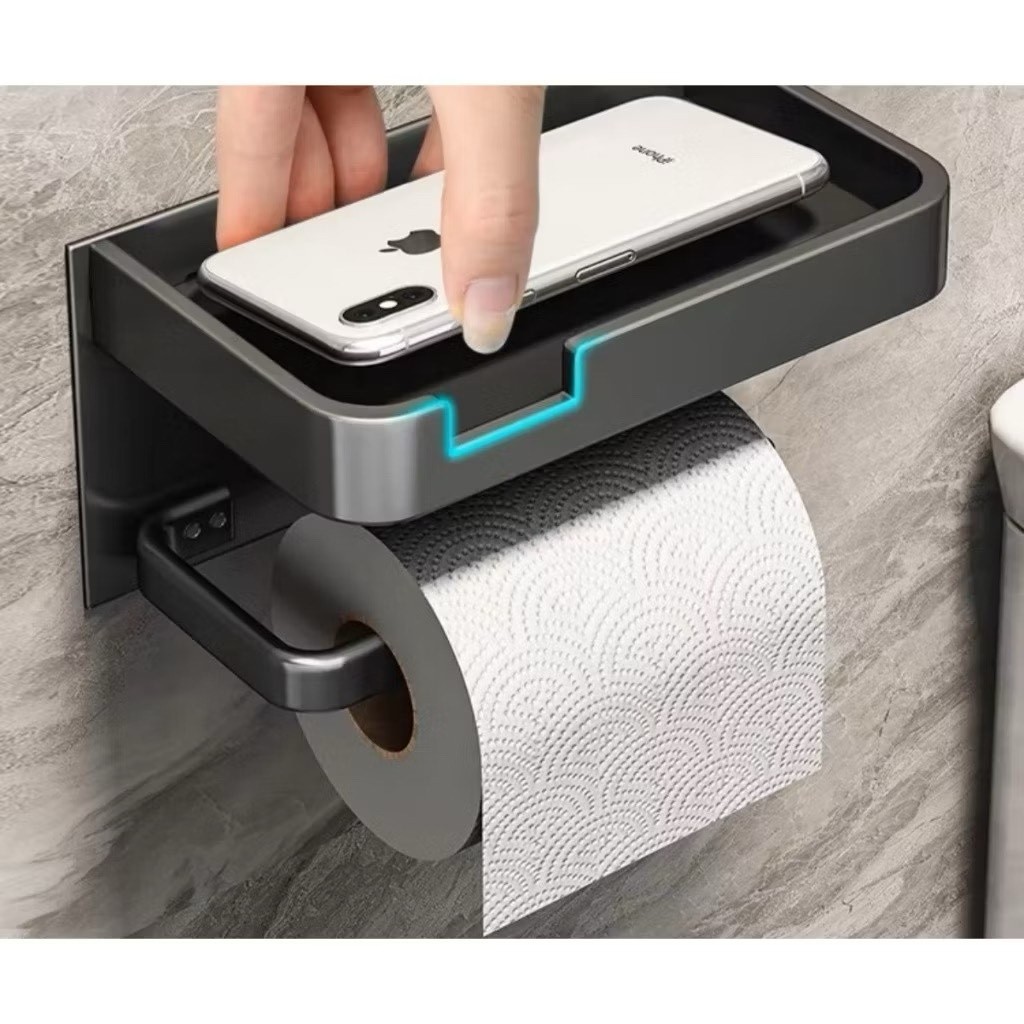 Suporte Preto Porta Papel Higienico e Suporte para Celular Papeleira Com Adesivo