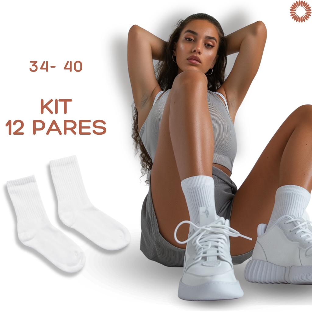 Kit Até 12 Pares Meia Cano Medio Alto Branca Confortável Respirável