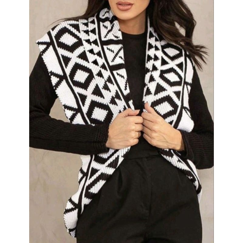 Casaco Feminino Tricô Preto E Branco Outono Inverno