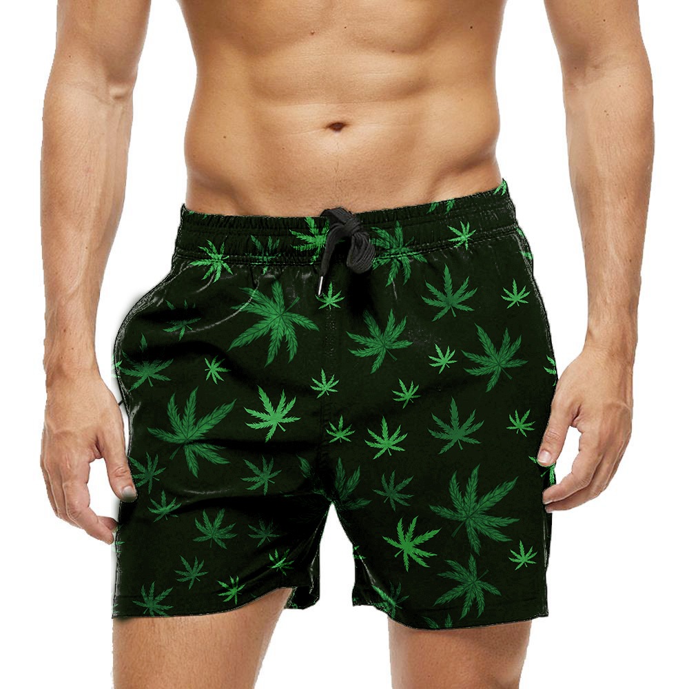 Shorts Bermuda Calção Verão Praia Folhas Marijuana Verde Vibes