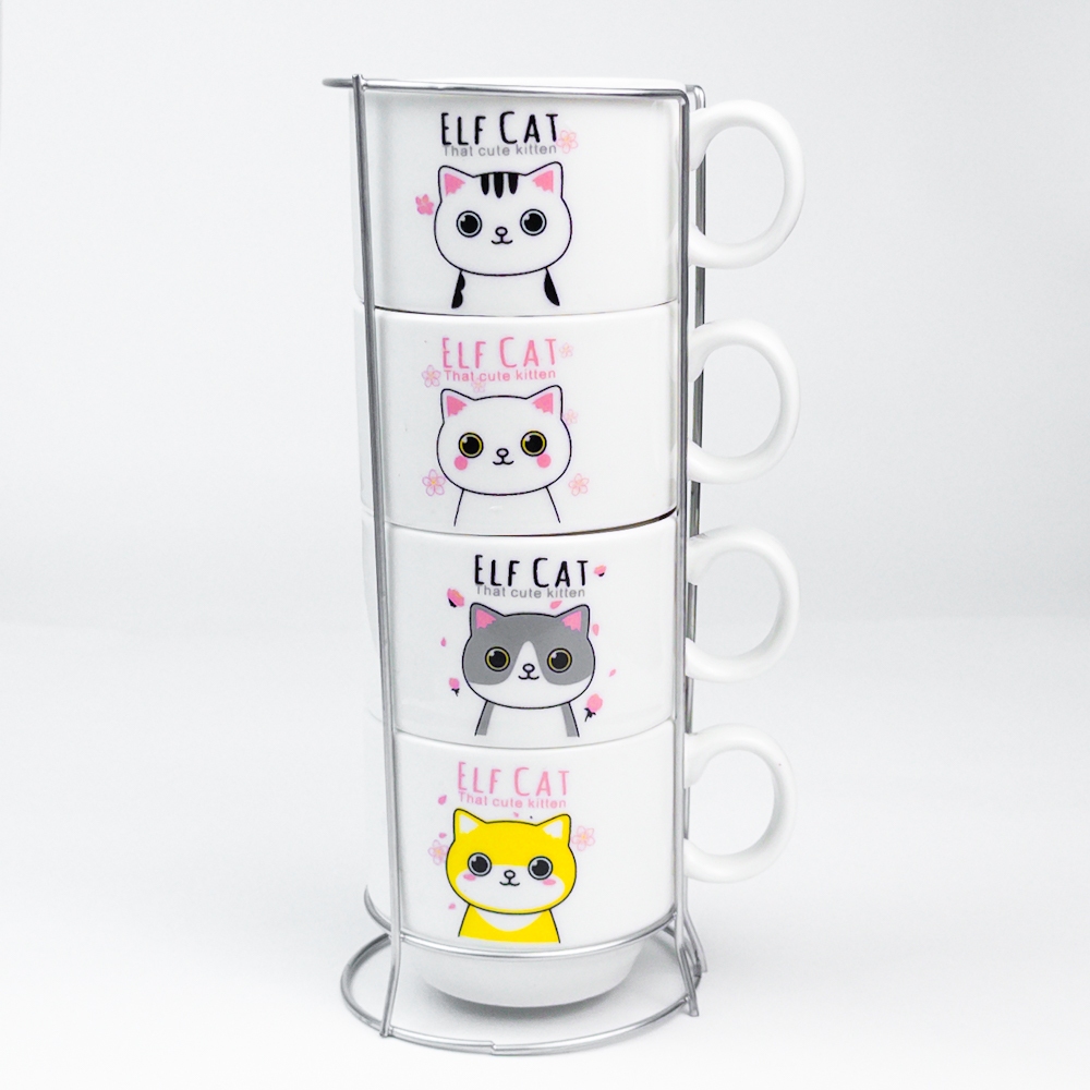 Kit 4 Xícaras Cerâmicas + 1 Suporte Torre de Metal 150ml - Pets/Gatinhos