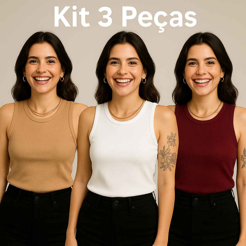 Kit 3 Regatas Feminina Básica de Algodão em ribana canelada em Oferta na Shopee