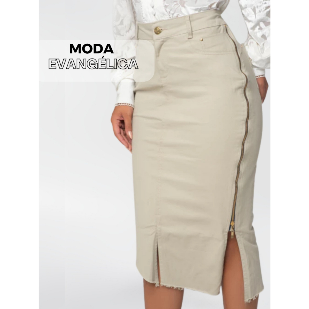 Saia Bege com Corte Assimétrica e Zíper Lateral Moda Evangélica 7PALLAS em Oferta na Shopee