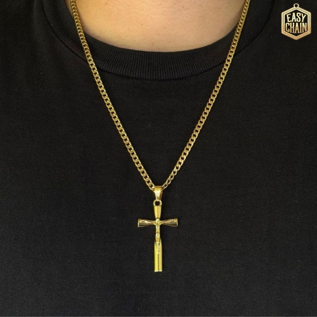 Corrente Groumet Pingente Cruz Banhados a ouro 18k Cordão Groumet Masculina Crucifixo