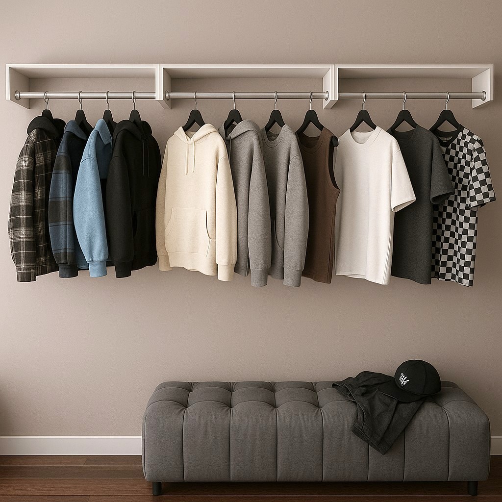 Kit 3 Arara Nicho Cabideiro MDF Branco Tubo Metal Com Parafusos e Suporte para Loja e Casa