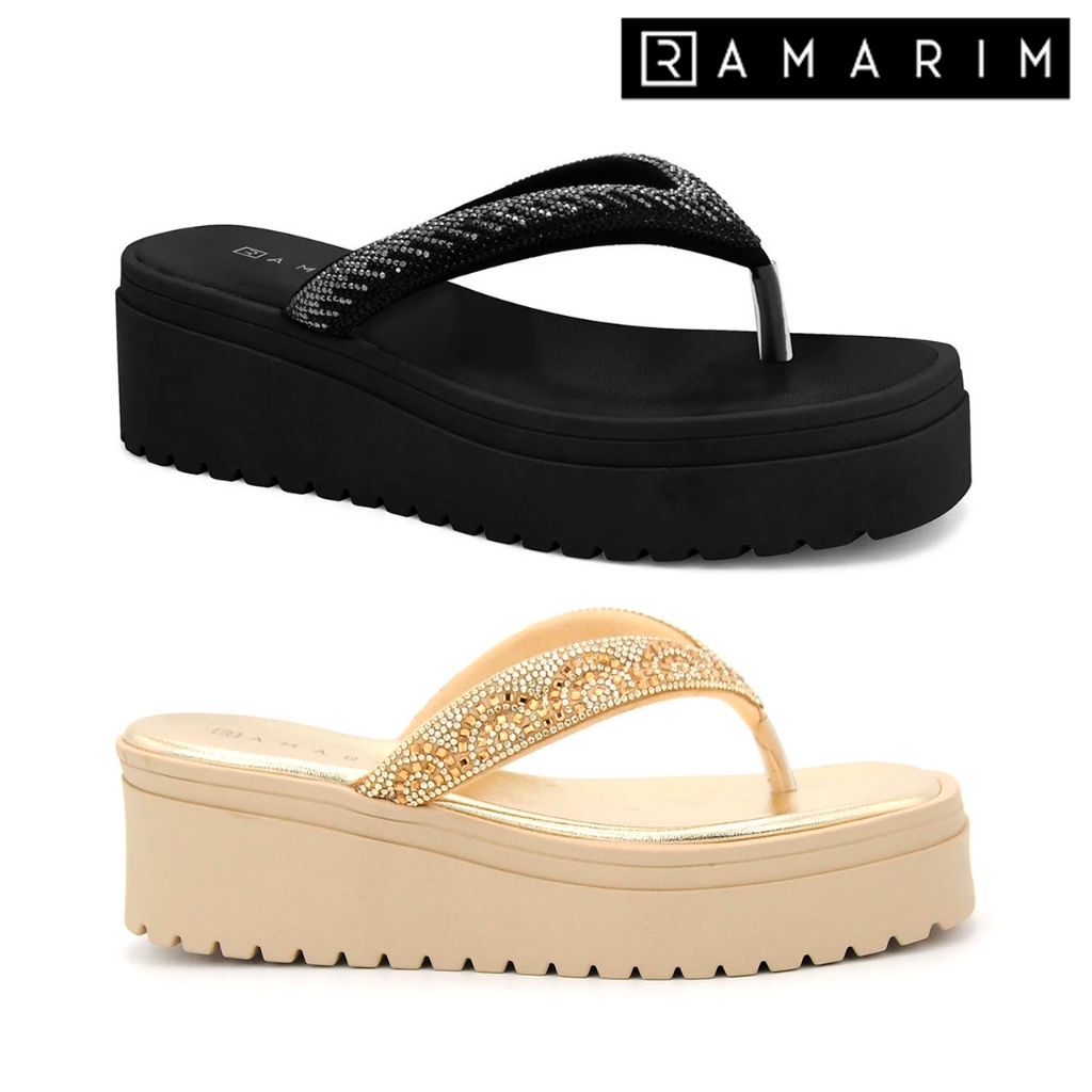 Tamanco Feminino Ramarim Chinelo Casual Tira Brilho Plataforma Anabela Tratorado Confortável