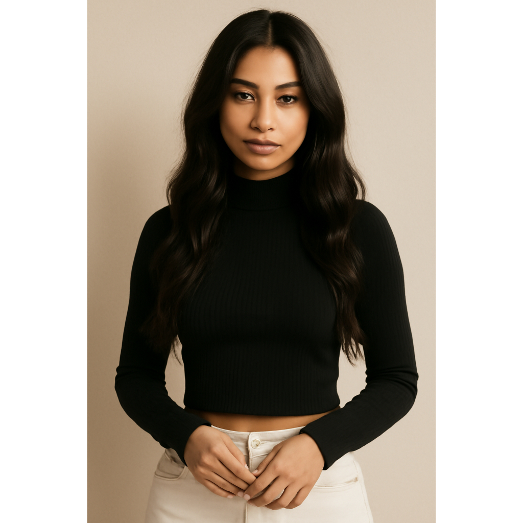 Blusa Feminina Canelada Gola Alta Cropped Realeza Manga Longa Com Encaixe Para o Dedo  4 Estações - Básica e Elegante