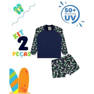 Conjunto Infantil Juvenil Moda  Praia Menino Camisa Manga Longa Proteção UV 50+ em Oferta na Shopee