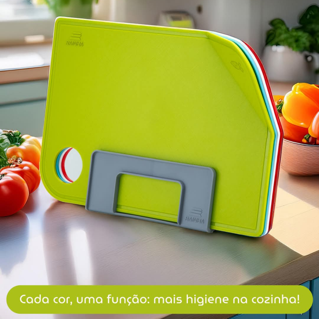 Jogo 4 Tábuas de Corte Casa Restaurante + Suporte Retangular, Tábua Plástico com Aditivo Bactericida