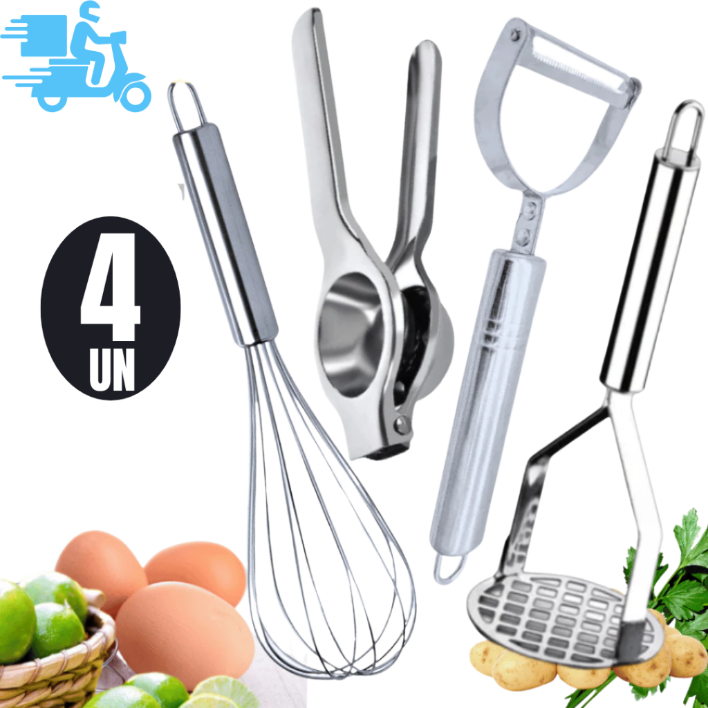 Conj 4 Batedor Ovos+ Espremedor Limão+ Descascador Legumes+ Espremedor Batata Conj 2 Rolo + Espátula