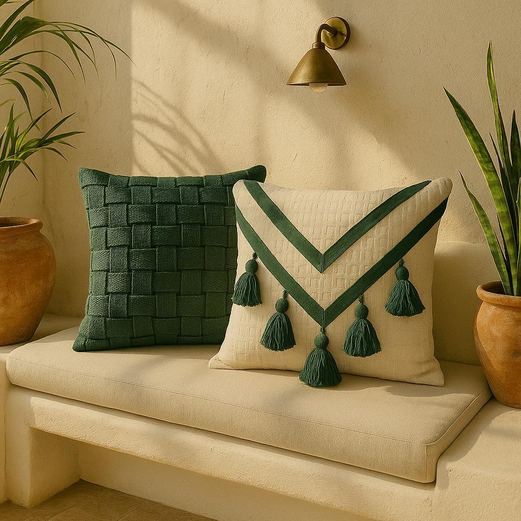 Capa Almofada Trançada Macramê Artesanal Boho Sofá Decoração 100% Algodão Verde 45x45