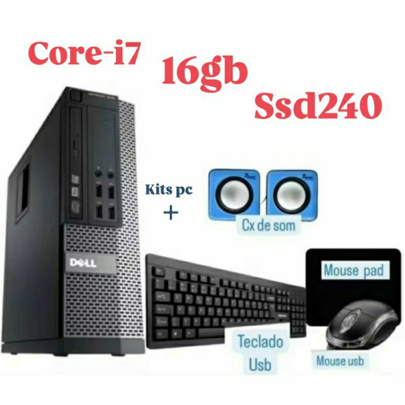 Computador Dell Core i7 16GB RAM Wi-Fi Kit Completo com Teclado, Mouse, Cabos e Mouse Pad