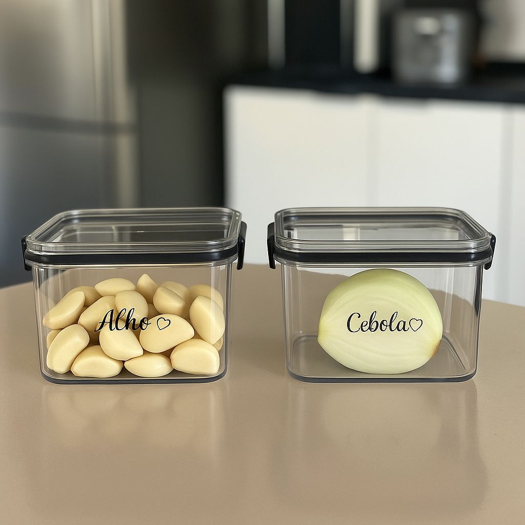 Pote Hermético  com Trava – Porta Alho, Cebola, Tomate e Pimentão | Organização de Cozinha