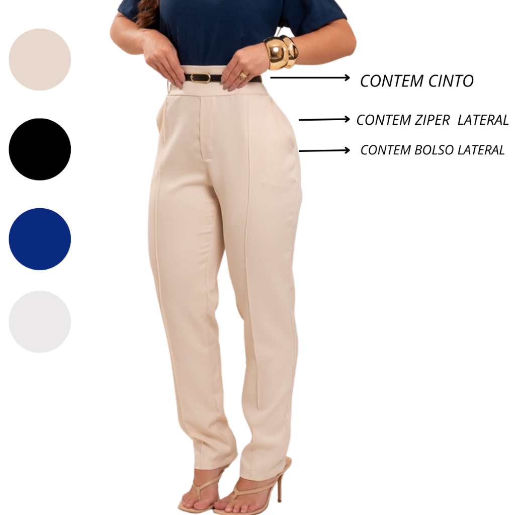 CALÇA ALFAIATARIA FEMININO COM CINTO CINTURA ALTA ZÍPER NA LATERAL COM BOLSOS