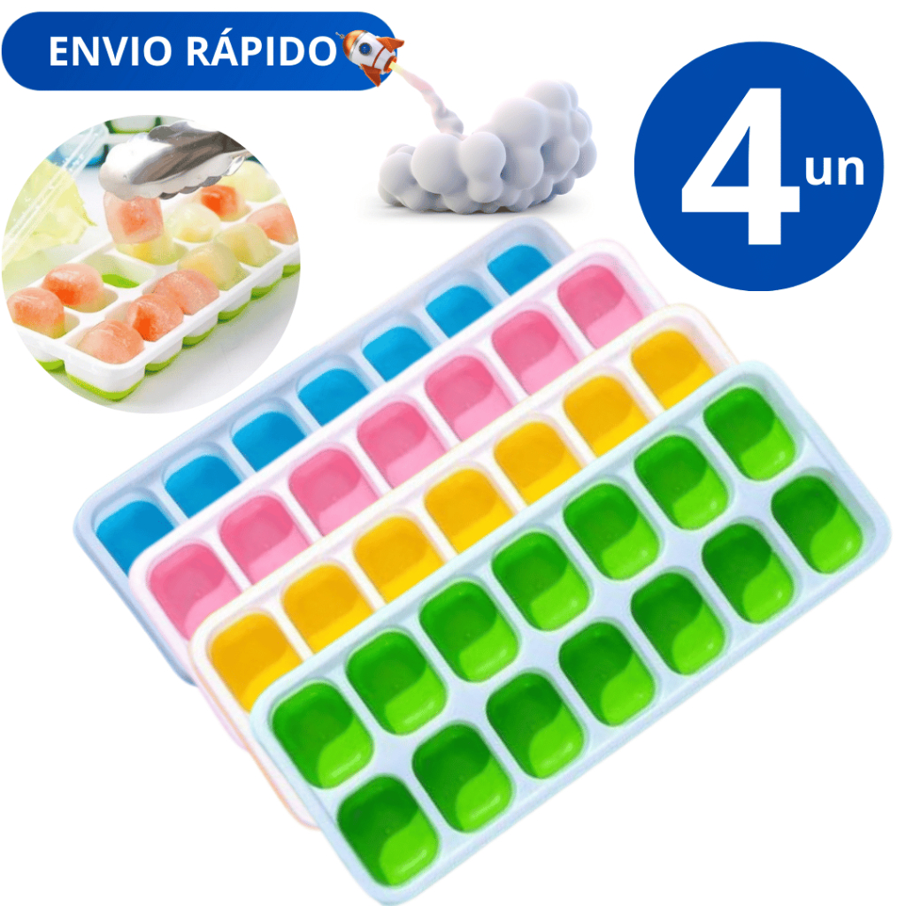KIT Conjunto Forminhas 4 Forma de Gelo Fundo de Silicone sem Tampa Flexível 14 Cubos