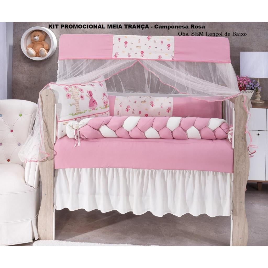 Kit Berço Americano 10 Peças Jardineira (Camponesa) Rose Lateral Trançado Menina + Saia de Berço