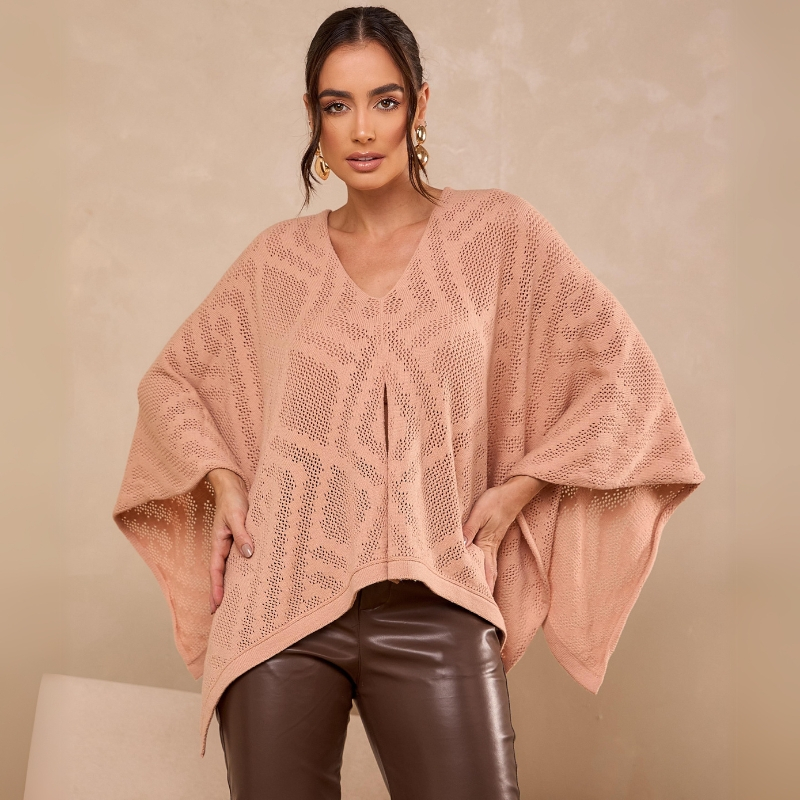 Blusa Tricô Modal Feminina Estilo Poncho Manga Ampla Decote Canoa Inverno Elegante