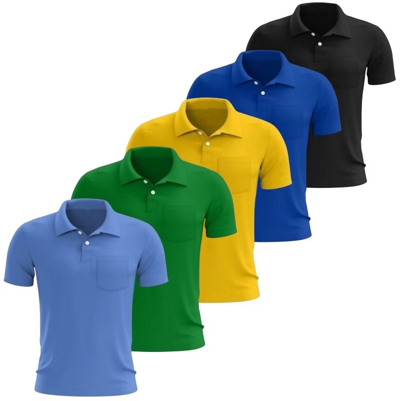 Kit 5 Camisa casual masculina manga curta gola polo Piquet poliéster lisa básica com bolso / REF:533