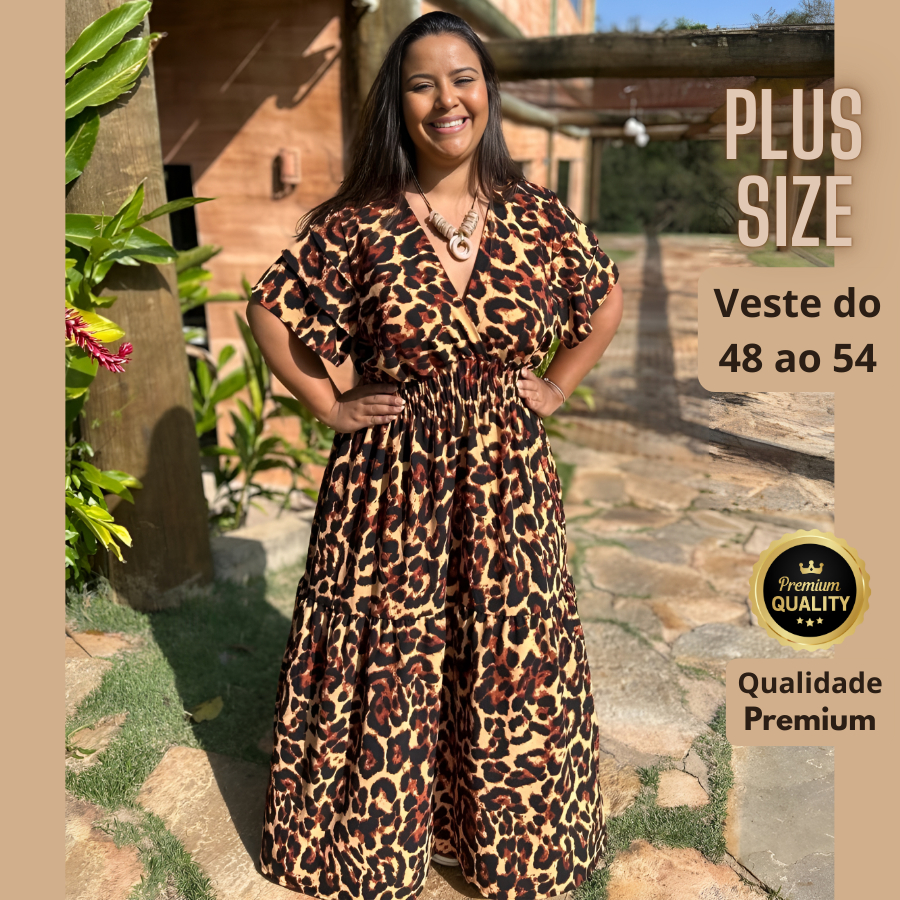 Vestido Longo Plus Size Manga Três Marias Estampado Onça Confortável Elegante Animal Print Festa
