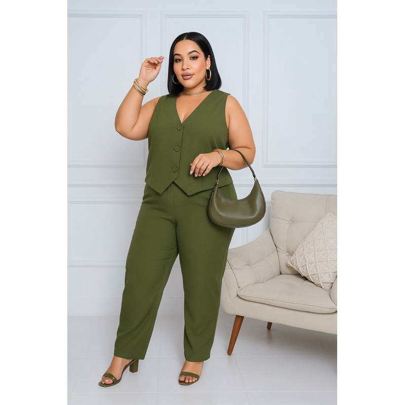 Conjunto Colete Calça Alfaiataria Social Pantalona Plus Size