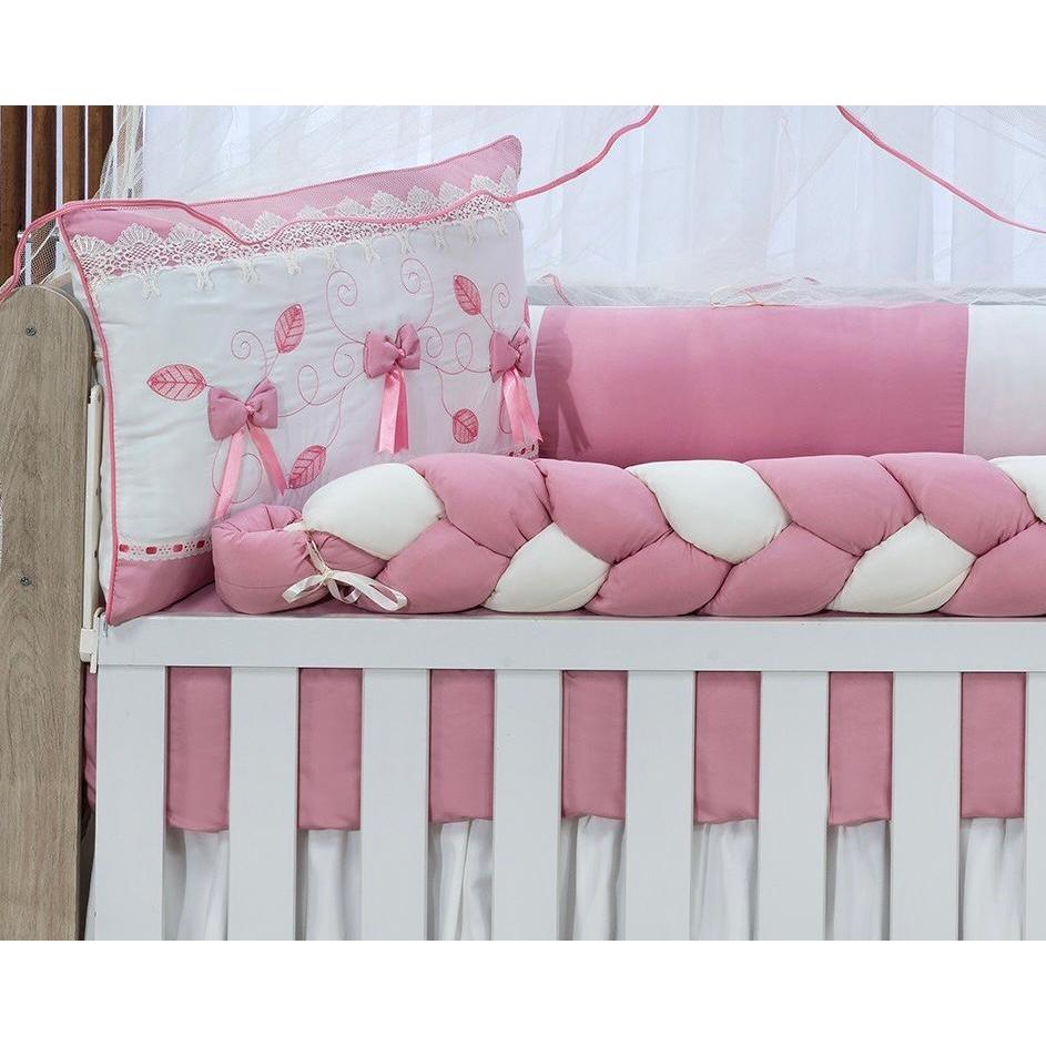 Kit Berço Americano 10 Peças Enlace Palha/Rose Detalhe Laço Lateral Trançado Menina + Saia de Berço