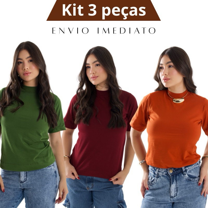 KIT 3 T-shirts lisa Gola Alta malha Menegotti 100% algodão basic essencial roupa feminina look básico gola alta canelada