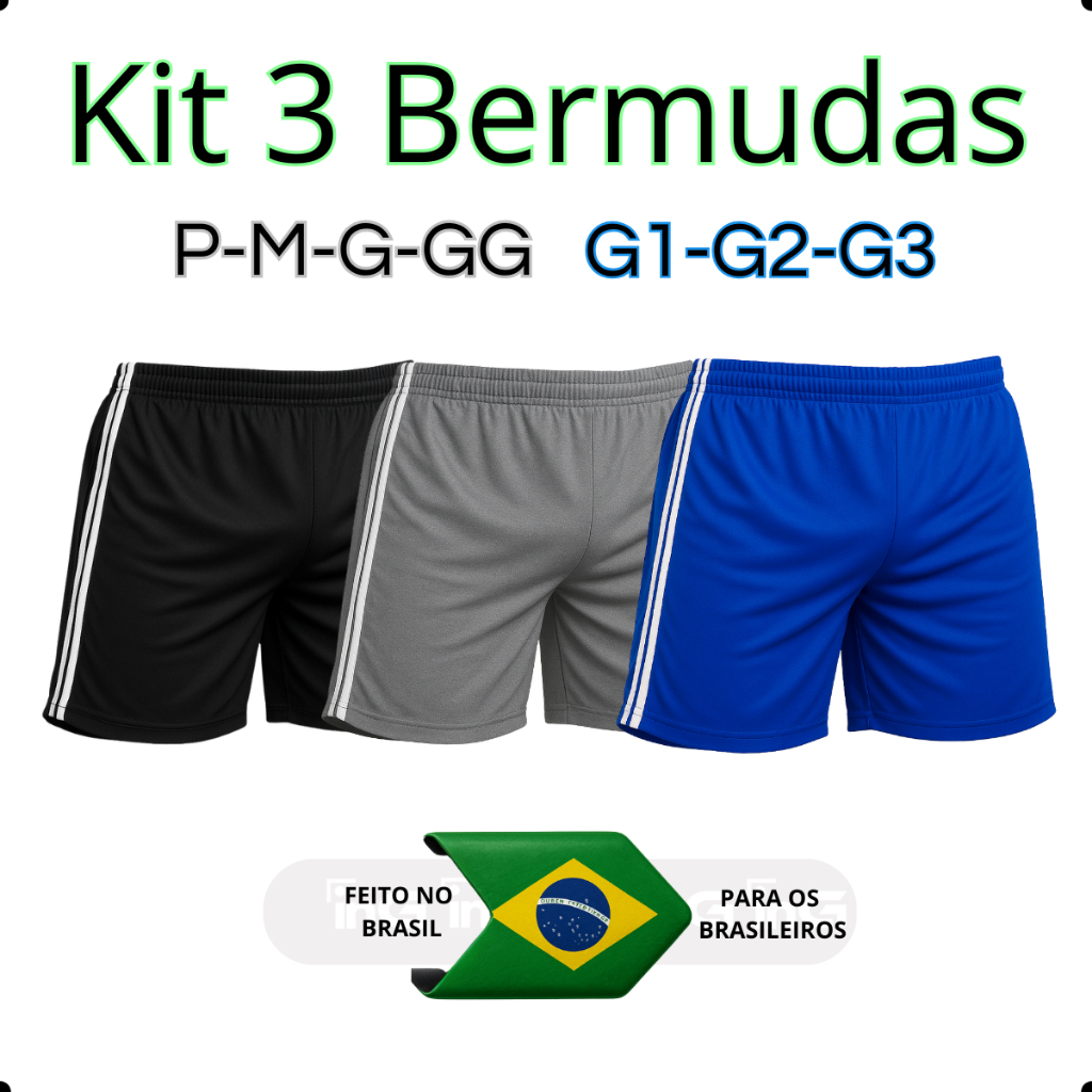 Kit 3 Bermudas de Futebol Masculina Leve e Confortável Plus Size e Tamanho Normal- P ao G3