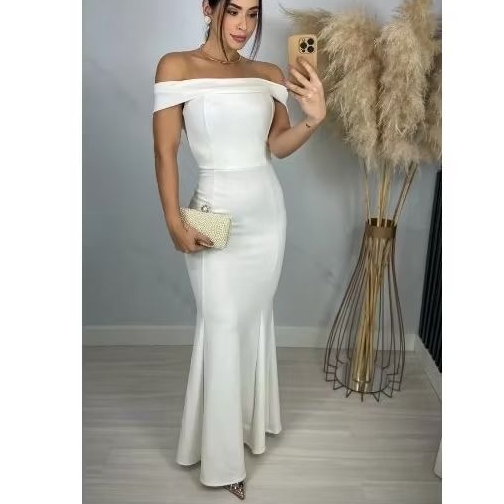 Vestido Casamento noiva civil cartório branco Offwhite longo bojo ombro a ombro