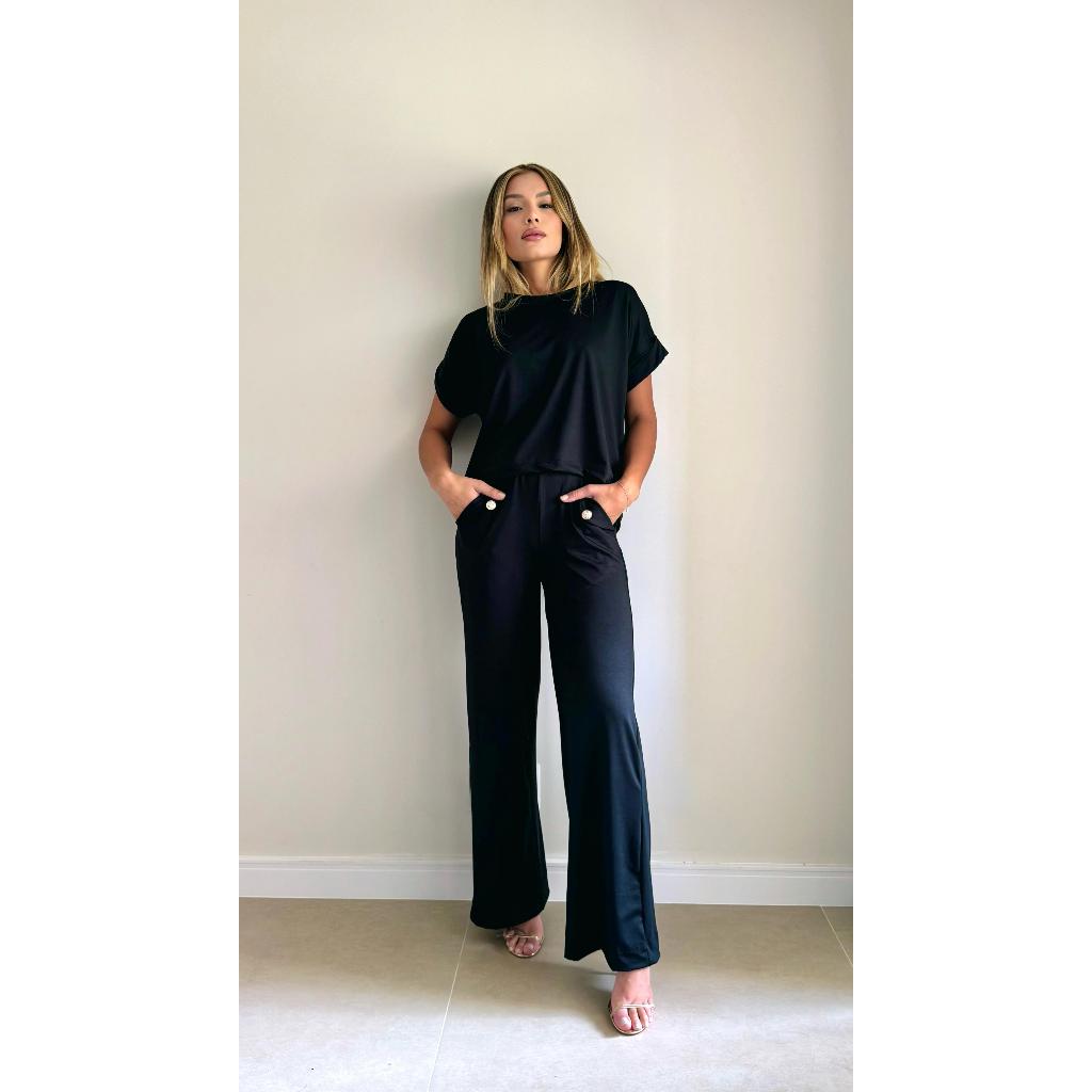 Conjunto Social Feminino Blusa com Dobrado na Manga e Calça Fluida e Botoes ourados - Flirty 79