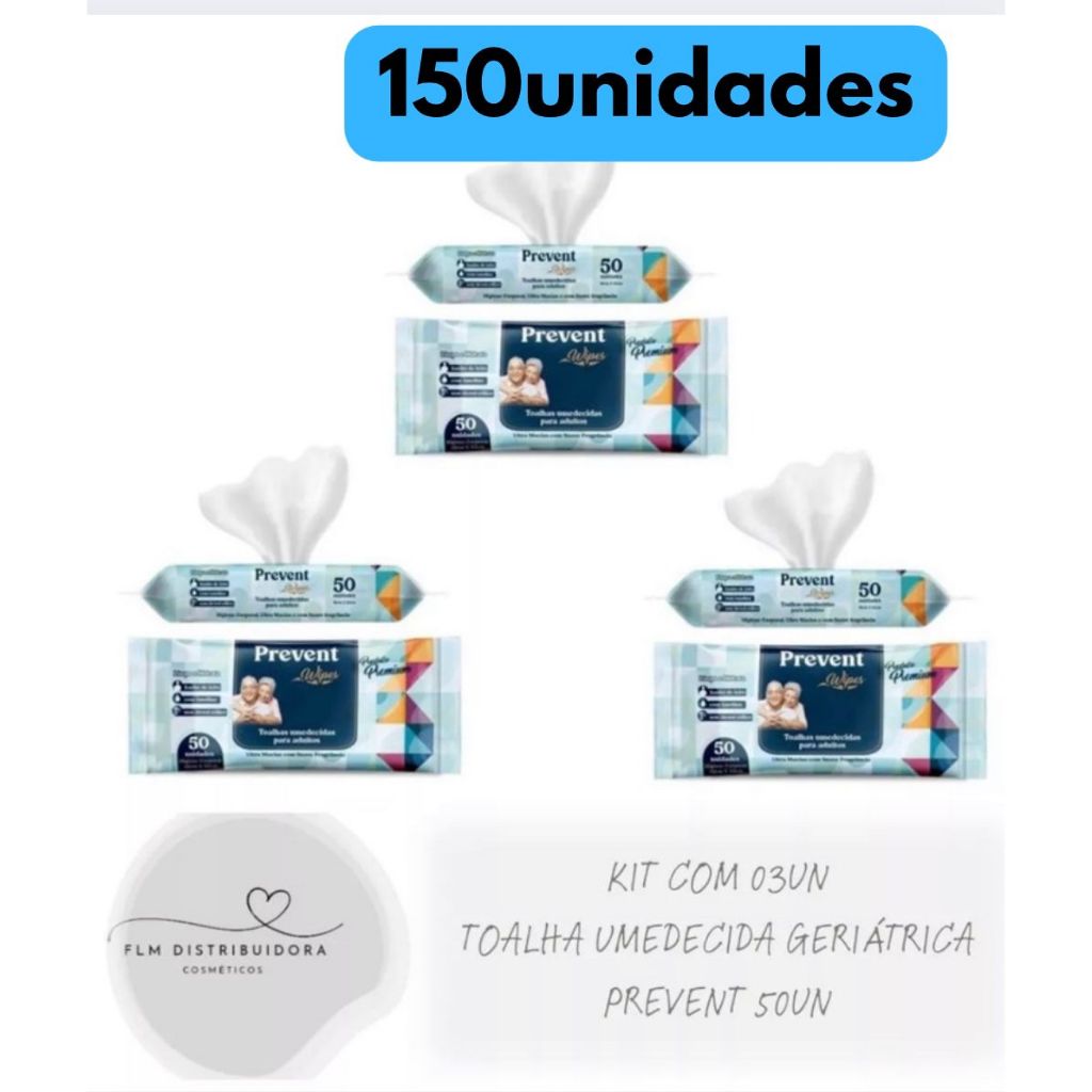 Caixa Com 150 un Toalha Umedecida  3 pacotes  Geriátrica Prevent 50un