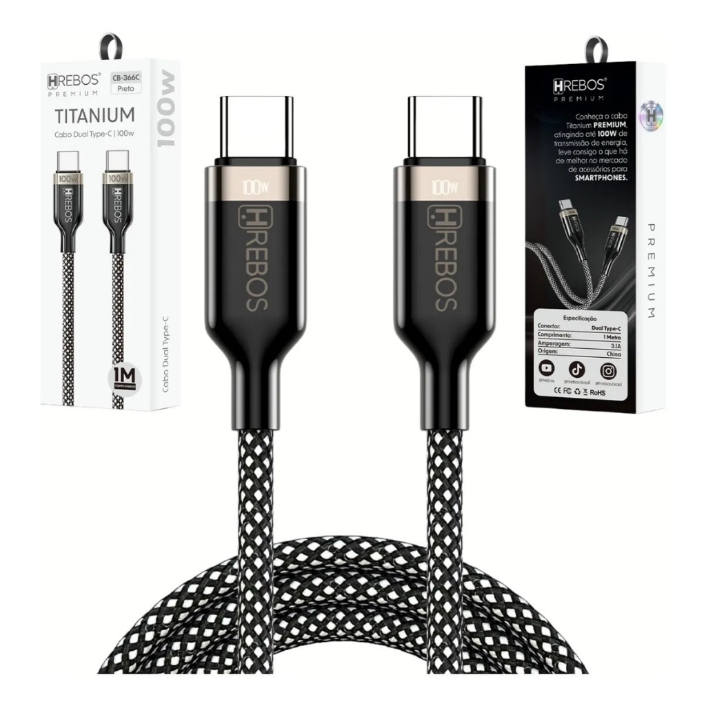 Cabo 100w Dados e Carregamento Titanium Usb-c / 100w Metal Waves 1 Metro Hrebos