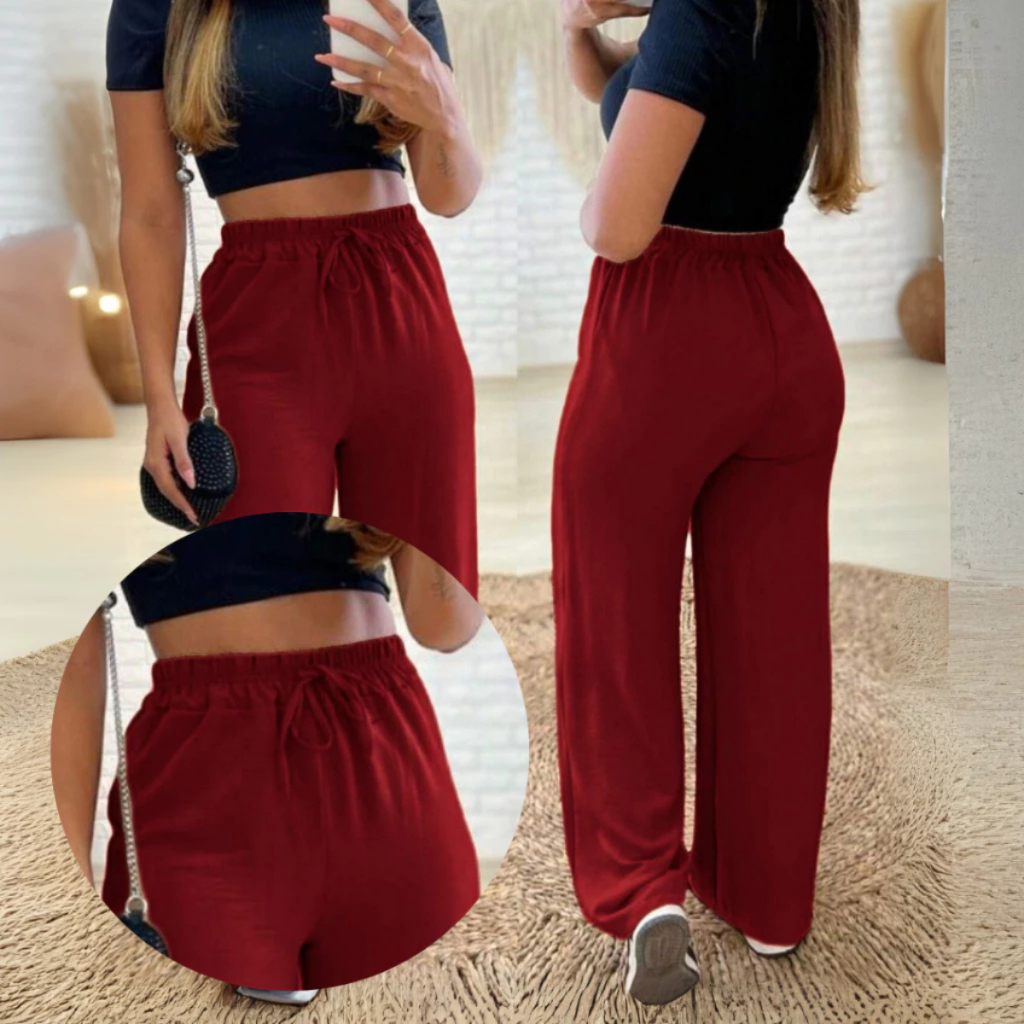 Calça Pantalona Wide Leg Feminina cintura alta duna sem bolso