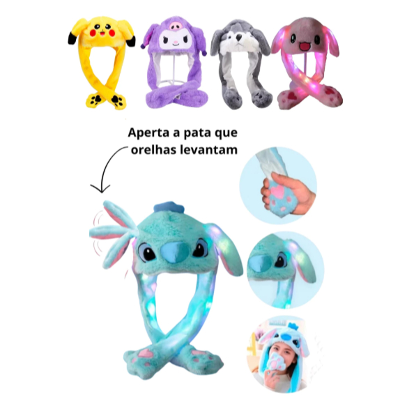 Touca Stitch Bichinho com luzes pisca pisca orelhas mágicas para adulto e criança touca mexe orelhas