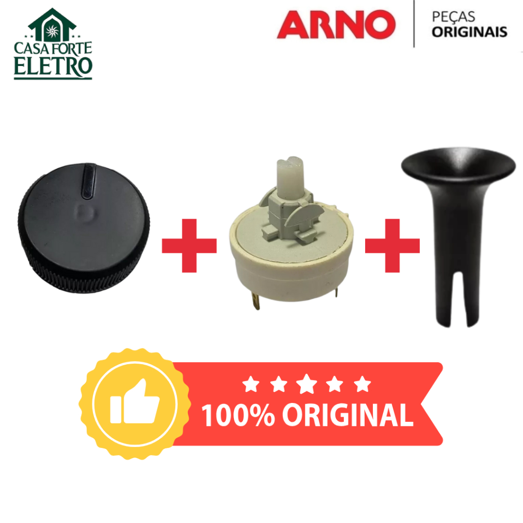 Kit Botão + Interruptor + Pino Oscilação Ventilador Arno 3 Velocidades Original VF30 VF40 VF42 VF49