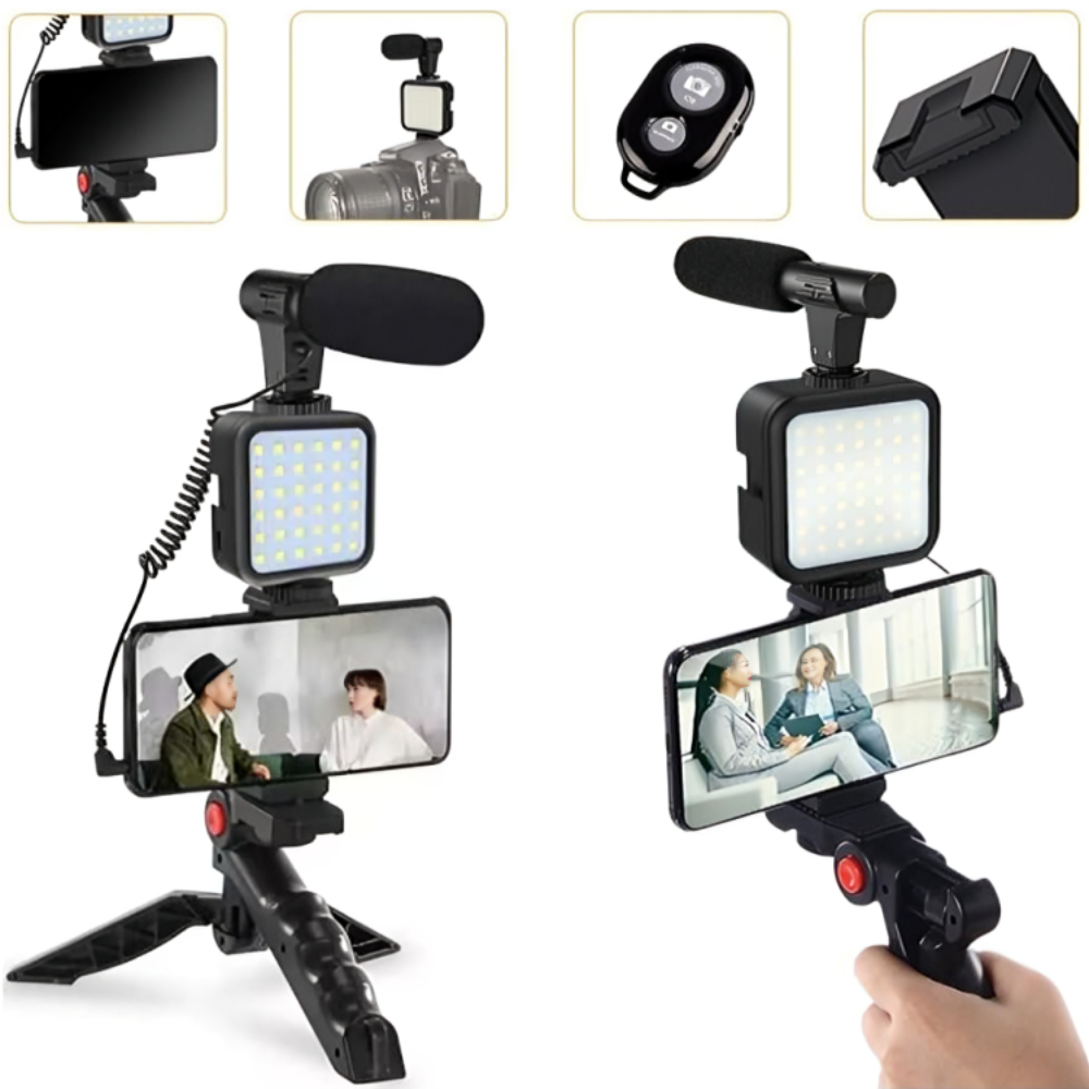 Tripé Estabilizador Para Celular 5 Em 1 Com Microfone Iluminação Live Vlog Gravação De Videos em Oferta na Shopee