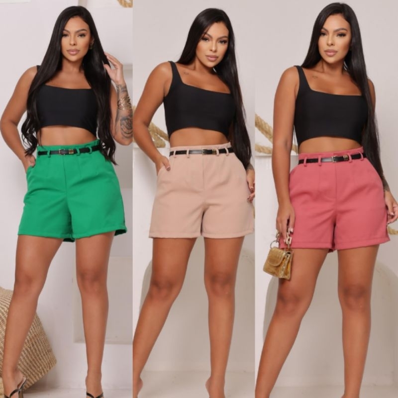 Short Alfaiataria premium Feminino Social Cintura Alta Com Cinto Com Bolso ENVIO IMEDIATO