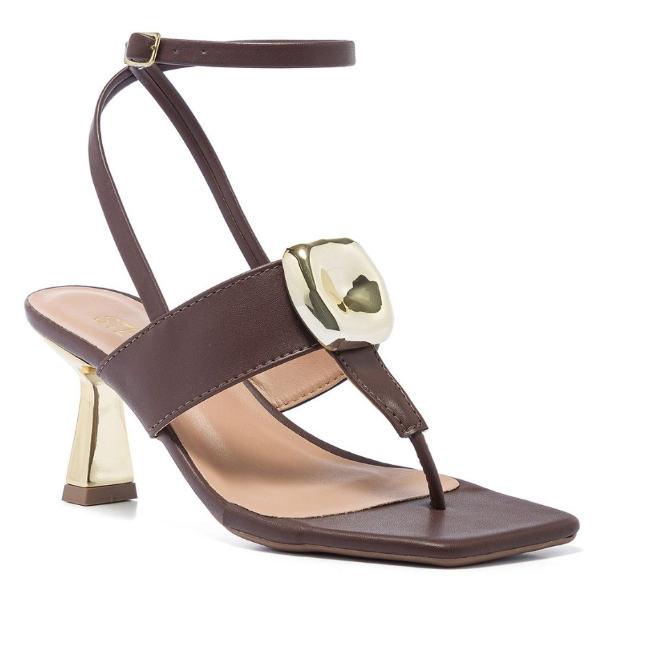 Sandália Feminina Salto Taça Cromado Médio Enfeite Geométrico Metalizado Confortável Marrom