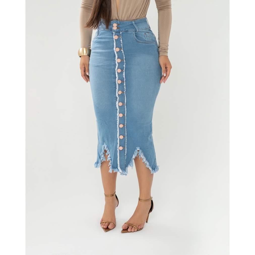 Saia Jeans Longuete Desfiada 7Pallas em Oferta na Shopee