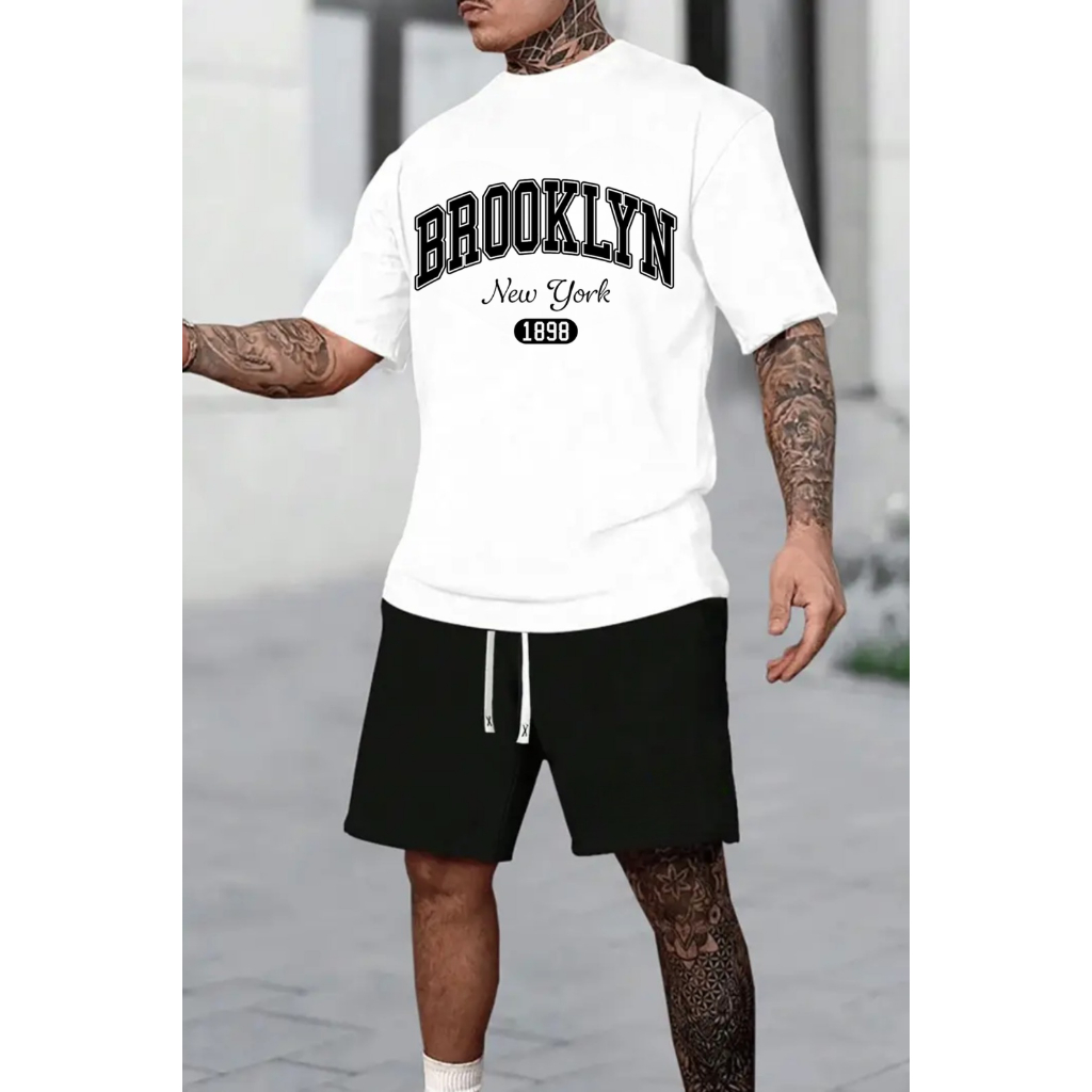 Conjunto Camiseta + Shorts Mauricinho Masculino StreetWear Estampa BROOKLYN Lançamento Alta Qualidade Exclusivo Verão