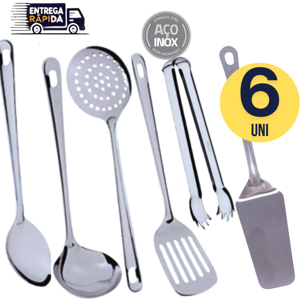 Jogo 6 Utensílios de Cozinha Inox – Concha, Espátula, Escumadeira, Colher de Arroz, Espátula Vazada e Pegador de Carne