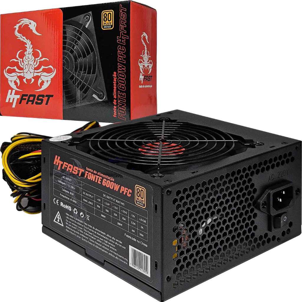 Fonte de Alimentação ATX 600W 80 PLUS Bronze SATA Fan PCIe Express 16x 1x para Computador