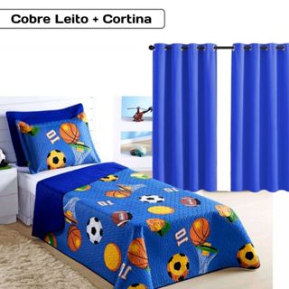 Cobre Leito + Cortina 2m Kit De Quarto Colcha Infantil Menino Solteiro Futebol Bola em Oferta na Shopee