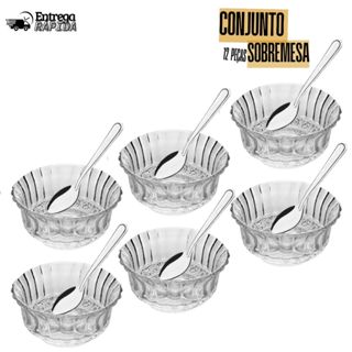 Jogo Sobremesa Vidro 12 Tigelas 275ml + Colheres Inox Premium Sobremesa