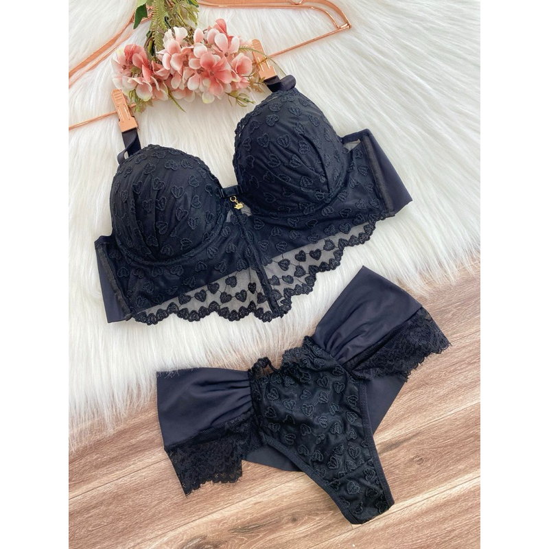 lingerie sexy cropped tule bordado lingerie luxo sexy de renda, roupa íntima feminina (coração) em Oferta na Shopee