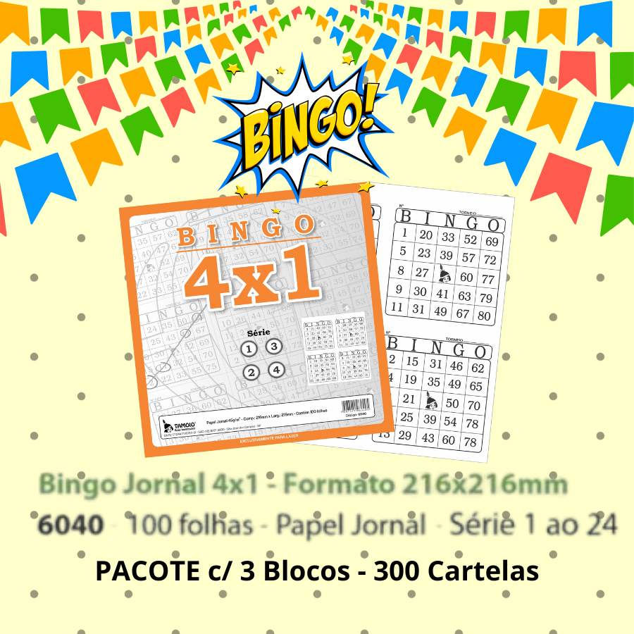 300 CARTELAS DE BINGO PARA FESTA JUNINA PAPEL JORNAL BINGÃO 4X1 TAMOIO ( 3 BLOCOS)