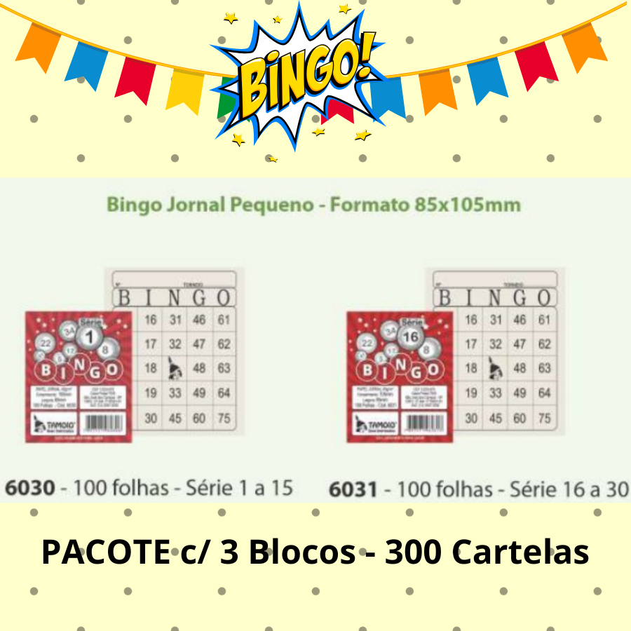 300 CARTELAS MINI BINGO PARA FESTA JUNINA PAPEL JORNAL TAMOIO (3 BLOCOS)