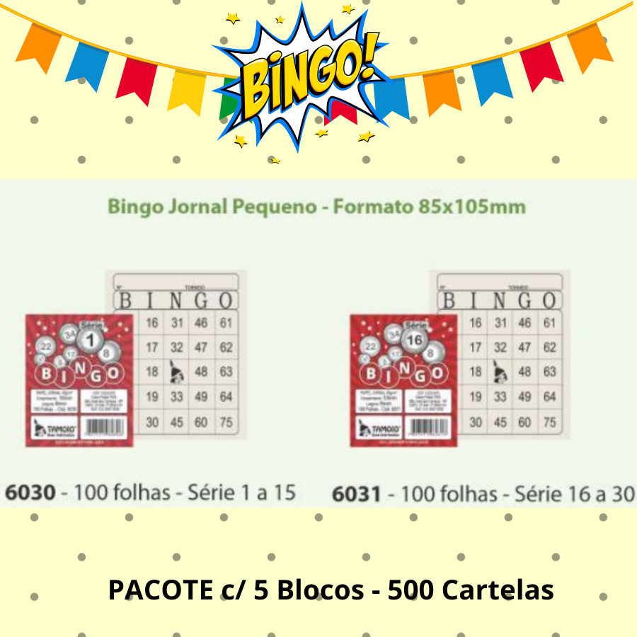 500 CARTELAS MINI BINGO PARA FESTA JUNINA PAPEL JORNAL TAMOIO (5 BLOCOS)
