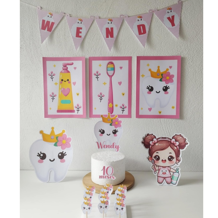 Kit festa meu primeiro dentinho menina, Decoração só um bolinho personalizado para aniversário e mêsversário Dente rosa.